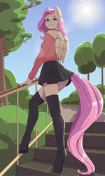 Size: 2400x4010 | Tagged: safe, artist:pewas, fluttershy, pegasus, anthro, unguligrade anthro, g4, blouse, clothes, female, mare, miniskirt, outdoors, skirt, smiling, socks, solo, stockings, thigh highs, zettai ryouiki