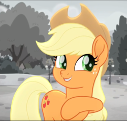 Size: 806x771 | Tagged: safe, screencap, applejack, earth pony, pony, g4, my little pony: rainbow roadtrip, cropped, cute, female, happy, jackabetes, mare, smiling, solo