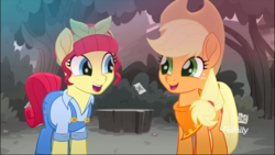 Size: 1369x770 | Tagged: safe, screencap, applejack, torque wrench, earth pony, pony, g4, my little pony: rainbow roadtrip, atorqueable, cropped, cute, discovery family logo, duo, female, freckles, happy, jackabetes, kerchief, looking at each other, mare, neckerchief, open mouth, smiling