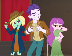 Size: 879x681 | Tagged: safe, screencap, dakota verde, dirk thistleweed, violet wisteria, equestria girls, g4, how to backstage, my little pony equestria girls: better together, clothes, cropped, dress, eyes closed, female, hat, male, pants, trio