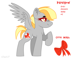 Size: 2500x2000 | Tagged: safe, artist:wingcut, derpibooru exclusive, oc, oc only, oc:paperbow, pegasus, pony, cutie mark, female, high res, mare, pegasus oc, reference sheet, simple background, solo, text, transparent background