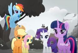 Size: 1128x769 | Tagged: safe, screencap, applejack, fluttershy, rainbow dash, rarity, twilight sparkle, alicorn, earth pony, pegasus, pony, unicorn, g4, rainbow roadtrip, colorless, cropped, cute, discovery family logo, female, flying, glare, group, looking at you, mare, nopony is amused, raised eyebrow, spread wings, suspicious, twilight sparkle (alicorn), wings