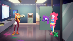 Size: 1366x768 | Tagged: safe, screencap, pinkie pie, rarity, sunset shimmer, equestria girls, equestria girls specials, g4, my little pony equestria girls: better together, my little pony equestria girls: sunset's backstage pass, bathroom, cute, facial hair, geode of empathy, geode of sugar bombs, graffiti, laughing, magical geodes, moustache, paint, shoes, sneakers