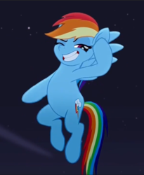 Size: 632x771 | Tagged: safe, screencap, rainbow dash, pegasus, pony, rainbow roadtrip, cropped, female, flying, mare, one eye closed, pose, raised hoof, smiling, solo, spread wings, teeth, wings, wink