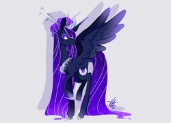 Size: 5000x3600 | Tagged: safe, artist:bubowl, princess luna, alicorn, pony, g4, alternate cutie mark, constellation, ethereal mane, female, galaxy mane, hair bun, hair over one eye, hairpin, hoof shoes, long mane, long tail, mare, raised hoof, redesign, signature, simple background, smiling, solo, white background