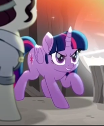 Size: 329x398 | Tagged: safe, screencap, twilight sparkle, alicorn, pony, g4, rainbow roadtrip, cropped, crouching, determined, evil grin, female, grin, raised hoof, smiling, smirk, solo focus, twilight sparkle (alicorn)