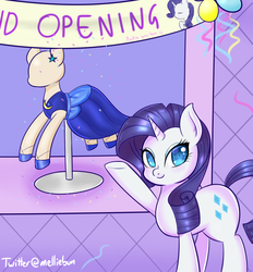Size: 1300x1400 | Tagged: safe, artist:melliedraws, rarity, pony, unicorn, g4, balloon, banner, clothes, confetti, dress, female, grand opening, implied pinkie pie, mannequin, mare, solo