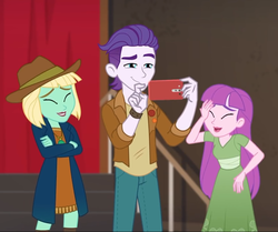 Size: 861x720 | Tagged: safe, screencap, dakota verde, dirk thistleweed, violet wisteria, equestria girls, equestria girls series, g4, how to backstage, spoiler:eqg series (season 2), cellphone, clothes, cropped, crossed arms, dress, eyes closed, female, laughing, male, pants, phone, smartphone, smiling