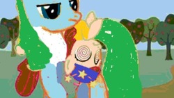 Size: 854x480 | Tagged: safe, artist:battybovine, pony, faithful farmer, abby's flying fairy school, apple, apple tree, carrying, circling stars, dizzy, food, gonnigan, holding a pony, jeffy, male, ponified, recolor, sesame street, sports outfit, sportsman fairy, supermariologan, swirly eyes, tree, unamused