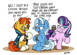 Size: 2396x1703 | Tagged: safe, artist:bobthedalek, starlight glimmer, sunburst, trixie, pony, unicorn, atg 2019, awkward moment, boasting, coffee cup, cup, female, glare, glasses, hoof hold, implied lesbian, implied shipping, implied snuggling, implied startrix, inconvenient trixie, magic, male, mare, newbie artist training grounds, stallion, starlight glimmer is not amused, this will end in pain, unamused