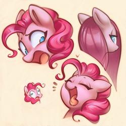 Size: 1200x1200 | Tagged: safe, artist:mirroredsea, pinkie pie, earth pony, pony, g4, bust, cute, derp, diapinkes, expressions, eyes closed, faic, female, mare, multeity, no pupils, open mouth, pinkamena diane pie, portrait, simple background, solo, tongue out, yellow background
