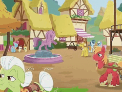 Size: 640x480 | Tagged: safe, screencap, big macintosh, carrot cake, cup cake, derpy hooves, granny smith, lotus blossom, party favor, pound cake, pumpkin cake, pony, g4, rainbow roadtrip, animated, apple, apple cart, background pony, cake twins, cart, colt, cropped, female, filly, foal, food, gif, male, mare, ponyville, siblings, stallion, twins