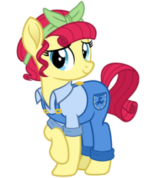 Size: 2800x3200 | Tagged: safe, artist:cheezedoodle96, torque wrench, earth pony, pony, rainbow roadtrip, .svg available, atorqueable, bandana, clothes, cute, female, looking at you, mare, overalls, raised hoof, shirt, shy, simple background, smiling, solo, svg, transparent background, vector