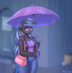 Size: 2094x2109 | Tagged: safe, artist:puetsua, oc, oc only, oc:neon darksky, bat pony, anthro, anthro oc, bat pony oc, clothes, female, high res, jacket, looking at you, pants, purse, rain, smiling, solo, umbrella, wide hips