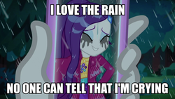 Size: 1200x675 | Tagged: safe, edit, edited screencap, screencap, rarity, equestria girls, g4, inclement leather, inclement leather: vignette valencia, my little pony equestria girls: choose your own ending, caption, cute, female, hashtag rain hair don't care, image macro, makeup, mascara, mascarity, phone screen, rain, raribetes, running makeup, selfie, solo, text, wet, wet hair, wet hairity, wet mane, wet mane rarity