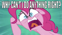 Size: 640x361 | Tagged: safe, edit, edited screencap, editor:undeadponysoldier, screencap, pinkie pie, earth pony, pony, g4, angry, big pink loser, caption, female, image macro, looking at you, mare, meme, open mouth, raised hoof, reference, solo, spongebob squarepants, talking to viewer, text, yelling