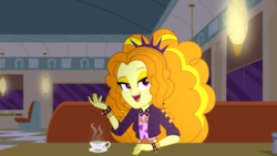 Size: 1920x1080 | Tagged: dead source, safe, artist:wubcakeva, adagio dazzle, equestria girls, g4, my little pony equestria girls: better together, cafe, clothes, coffee, cup, diner, drink, female, plate, sitting, solo, spiked wristband, table, wristband, youtube thumbnail