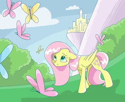 Size: 2060x1689 | Tagged: source needed, safe, alternate version, artist:smirk, fluttershy, butterfly, pegasus, pony, g4, canterlot, female, floppy ears, folded wings, looking up, mare, mountain, ms paint, outdoors, solo, wings