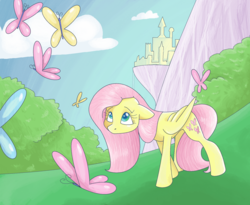 Size: 2060x1689 | Tagged: safe, artist:smirk, fluttershy, butterfly, pony, g4, canterlot, colored pupils, mountain, ms paint, scenery