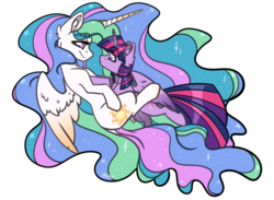 Size: 3000x2200 | Tagged: safe, artist:lrusu, princess celestia, twilight sparkle, alicorn, pony, g4, female, high res, lesbian, looking at each other, mare, ship:twilestia, shipping, simple background, smiling, transparent background, twilight sparkle (alicorn)