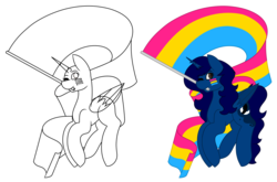 Size: 5041x3332 | Tagged: safe, artist:calibykitty, oc, oc only, oc:midnight, oc:midnight specter, alicorn, pony, alicorn oc, commission, face paint, pansexual pride flag, pride, pride flag, smiling, solo, wings, wings down, your character here