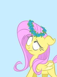 Size: 954x1289 | Tagged: safe, artist:amazingbutterfingers, artist:butterfingersart, fluttershy, pegasus, pony, g4, blue background, cute, female, floral head wreath, flower, mare, shyabetes, simple background, solo, two toned wings, wings
