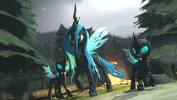 Size: 3840x2160 | Tagged: safe, artist:alicorntwilysparkle, queen chrysalis, changeling, changeling queen, g4, 3d, camping, female, forest, high res