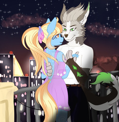 Size: 1024x1059 | Tagged: safe, artist:coffeevixxen, oc, oc only, oc:malachite, oc:summer breeze, diamond dog, earth pony, anthro, anthro oc, city, cityscape, clothes, commission, dancing, female, furry, looking at each other, male, mare, oc x oc, shipping