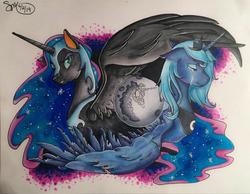 Size: 775x600 | Tagged: safe, artist:snowfairy86, nightmare moon, princess luna, alicorn, pony, g4, duality, female, mare, mare in the moon, moon, s1 luna, signature, traditional art