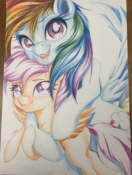 Size: 2807x3715 | Tagged: safe, artist:galinn-arts, rainbow dash, scootaloo, pony, g4, blank flank, carrying, duo, flying, high res, scootalove, traditional art