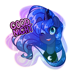 Size: 2950x3050 | Tagged: safe, artist:hiloumuns, princess luna, alicorn, pony, bust, crown, cute, ethereal mane, eye clipping through hair, eyebrows, eyebrows visible through hair, female, good night, jewelry, lunabetes, mare, one eye closed, open mouth, peytral, portrait, regalia, simple background, solo, starry mane, stars, sweet dreams fuel, white background, wink