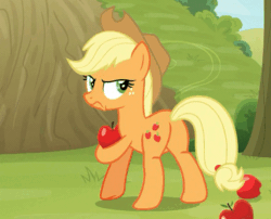 Size: 584x472 | Tagged: safe, screencap, applejack, earth pony, pony, going to seed, animated, apple, applebutt, applejack is not amused, butt, cowboy hat, cropped, female, food, gif, hat, mare, plot, solo, unamused, walking