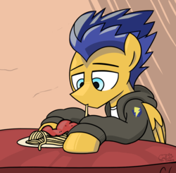 Size: 1104x1080 | Tagged: safe, artist:coaldustthestrange, flash sentry, pegasus, pony, g4, clothes, eating, equestria girls outfit, food, male, pasta, plate, solo, spaghetti, sweatshirt, table
