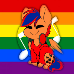Size: 1519x1519 | Tagged: safe, oc, oc only, pegasus, pony, chibi, gay pride flag, headphones, male, music notes, orange, pride, pride flag, rainbow, red, smiling, solo, two toned mane