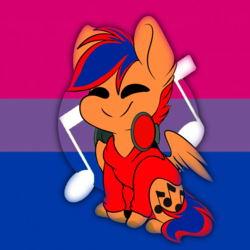 Size: 1519x1519 | Tagged: safe, oc, oc only, bisexual, bisexual pride flag, blue, chibi, clothes, food, headphones, hoodie, music notes, orange, pride, red, smiling, two toned mane