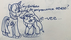 Size: 3674x2092 | Tagged: safe, artist:rainbow eevee, twilight sparkle, oc, oc:rainbow eevee, pony, g4, dialogue, duo, female, high res, implied shipping, lineart, pen drawing, traditional art
