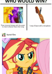 Size: 1159x1647 | Tagged: artist needed, safe, adagio dazzle, aria blaze, sonata dusk, sunset shimmer, equestria girls, g4, bacon, cropped, female, food, geode of empathy, magical geodes, meat, meme, microphone, sunset shimmer is not amused, the dazzlings, tumblr, unamused, who would win
