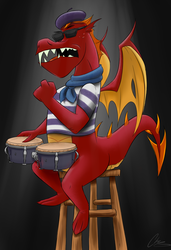 Size: 1981x2892 | Tagged: safe, artist:oinktweetstudios, garble, dragon, g4, sweet and smoky, beatnik, bongos, male, musical instrument, solo, stool, sunglasses