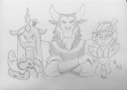 Size: 1024x729 | Tagged: safe, artist:mayorlight, cozy glow, lord tirek, queen chrysalis, centaur, changeling, changeling queen, pegasus, pony, frenemies (episode), g4, crossed arms, female, filly, grayscale, log, looking at you, male, monochrome, nose piercing, nose ring, pencil drawing, piercing, septum piercing, traditional art, trio, twilog, unamused