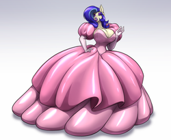 Size: 3300x2700 | Tagged: safe, artist:toughset, oc, oc only, oc:moniker, anthro, anthro oc, big breasts, big lips, bimbo, breasts, clothes, dress, ear piercing, earring, eyeshadow, female, gala dress, gown, high res, huge breasts, impossibly large dress, jewelry, latex dress, lips, lipstick, makeup, piercing, purple eyeshadow, purple lipstick, slime, solo, transformation
