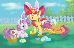 Size: 780x512 | Tagged: safe, artist:sketchiix3, apple bloom, scootaloo, sweetie belle, bird, chicken, earth pony, pegasus, pony, unicorn, g4, basket, bunny ears, chick, cutie mark, cutie mark crusaders, easter, easter egg, female, fence, filly, floppy ears, heart, holiday, onomatopoeia, open mouth, prone, scootachicken, scootaloo is not amused, speech bubble, the cmc's cutie marks, trio, unamused