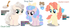 Size: 880x348 | Tagged: safe, artist:awoomarblesoda, oc, oc:buttercream, oc:cloud cake, oc:snug swirl, pegasus, pony, unicorn, base used, female, filly, magical lesbian spawn, offspring, parent:cozy glow, parent:pound cake, parent:princess flurry heart, parent:princess skyla, parent:pumpkin cake, parents:cozyheart, parents:pumpkin heart, reference sheet, simple background, transparent background