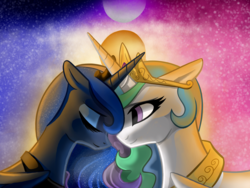 Size: 1024x772 | Tagged: safe, artist:sacredroses-art, princess celestia, princess luna, alicorn, pony, g4, crossed horns, duo, ethereal mane, eyes closed, female, floppy ears, horn, horns are touching, jewelry, mare, moon, regalia, royal sisters, siblings, sisters, smiling, starry mane, stars, sun