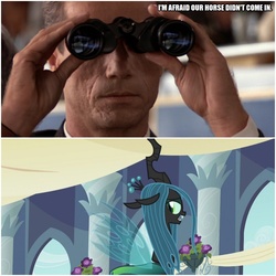 Size: 1000x1000 | Tagged: safe, edit, edited screencap, screencap, queen chrysalis, changeling, changeling queen, horse, a canterlot wedding, g4, beverly hills cop, beverly hills cop 2, caption, derby, female, horse race, image macro, man, maxwell dent, text, track