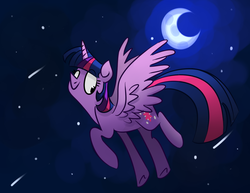 Size: 1027x793 | Tagged: safe, artist:amazingbutterfingers, artist:butterfingersart, twilight sparkle, alicorn, pony, g4, crescent moon, eye clipping through hair, female, looking down, mare, moon, raised hoof, shooting star, smiling, solo, space, spread wings, stars, twilight sparkle (alicorn), wings