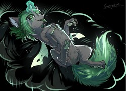 Size: 1280x922 | Tagged: safe, artist:swaybat, oc, oc only, oc:weiba, changeling, wolf, black background, changeling oc, female, glowing horn, horn, looking at you, lying down, magic, on back, paw pads, paws, signature, simple background, solo, species swap, tongue out, underpaw