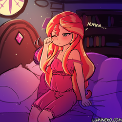 Size: 750x750 | Tagged: safe, artist:lumineko, sci-twi, sunset shimmer, twilight sparkle, human, equestria girls, g4, bed, blushing, bookshelf, clothes, cute, female, lesbian, morning ponies, one eye closed, pajamas, pillow, sci-twi's room, shimmerbetes, ship:sci-twishimmer, ship:sunsetsparkle, shipping, sitting, sleeveless, solo focus