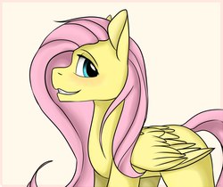 Size: 1280x1077 | Tagged: safe, artist:mariashek, fluttershy, pegasus, pony, g4, female, looking at you, looking sideways, mare, simple background, smiling, solo, white background