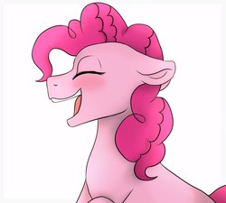 Size: 1198x1080 | Tagged: safe, artist:mariashek, pinkie pie, earth pony, pony, g4, blushing, female, floppy ears, mare, open mouth, simple background, smiling, solo, white background