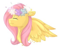 Size: 1280x1056 | Tagged: safe, artist:mariashek, fluttershy, pegasus, pony, g4, bust, chest fluff, cute, eyes closed, female, floppy ears, floral head wreath, flower, mare, petals, profile, shyabetes, simple background, smiling, solo, white background